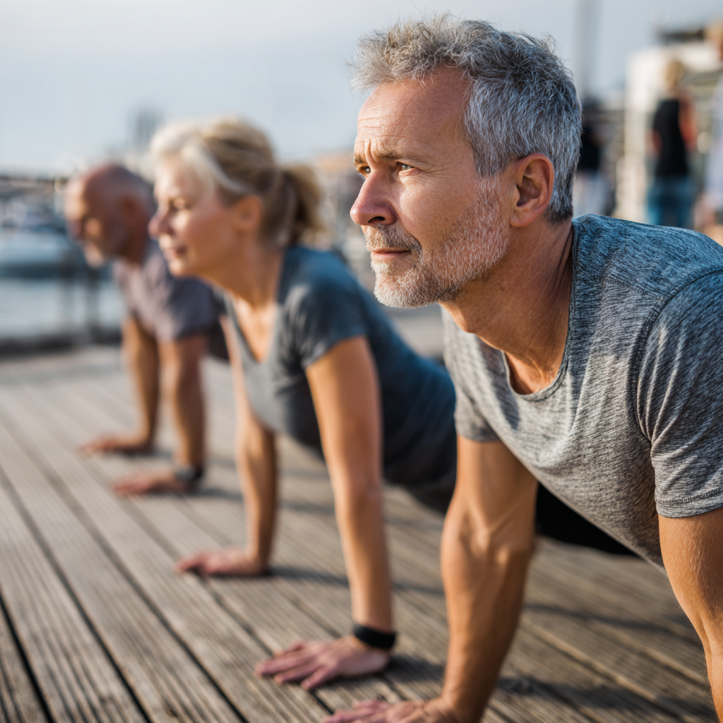 Middle-aged adults practicing functional movement exercises outdoors
