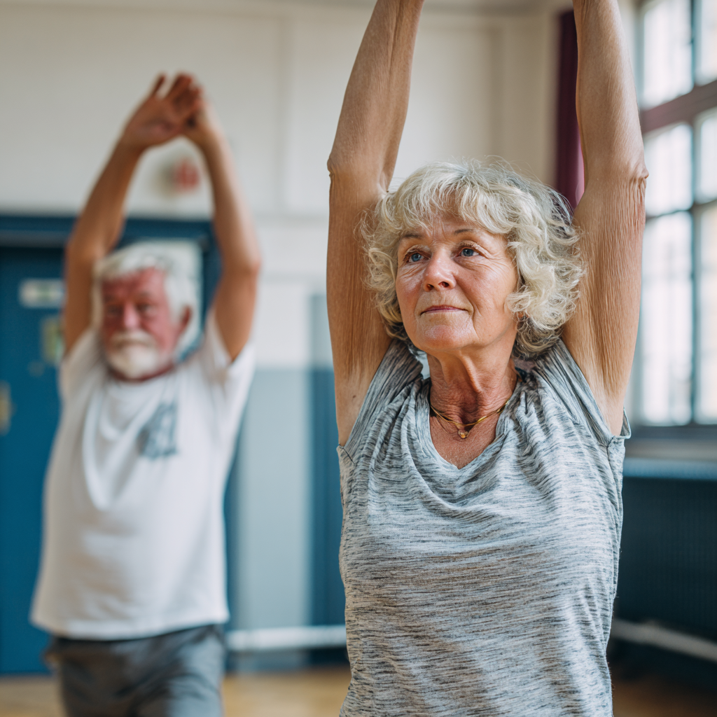 Older adults demonstrating improved flexibility and strength in a supportive environment